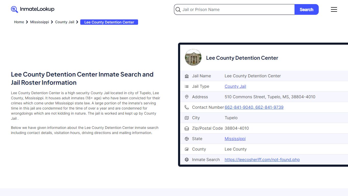Lee County Detention Center (MS) Inmate Search Mississippi - Inmate Lookup